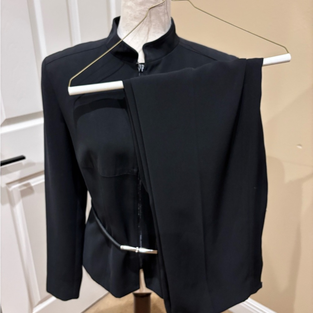 Black Textured Blazer and pants with Stand-Up Collar